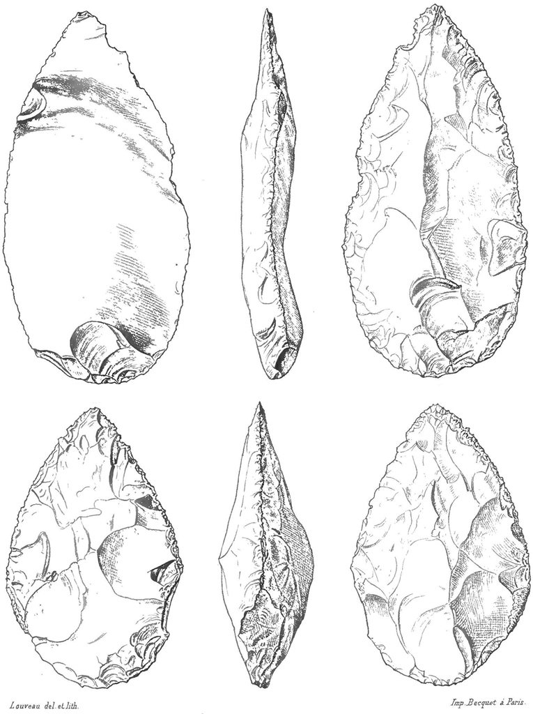 Line drawing of a scraper and biface of similar pointed-oval form